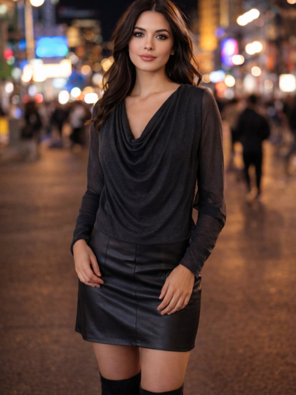 Red Haute Draped Cowl Neck Top M Sheer Sleeve Charcoal Gray Blouse